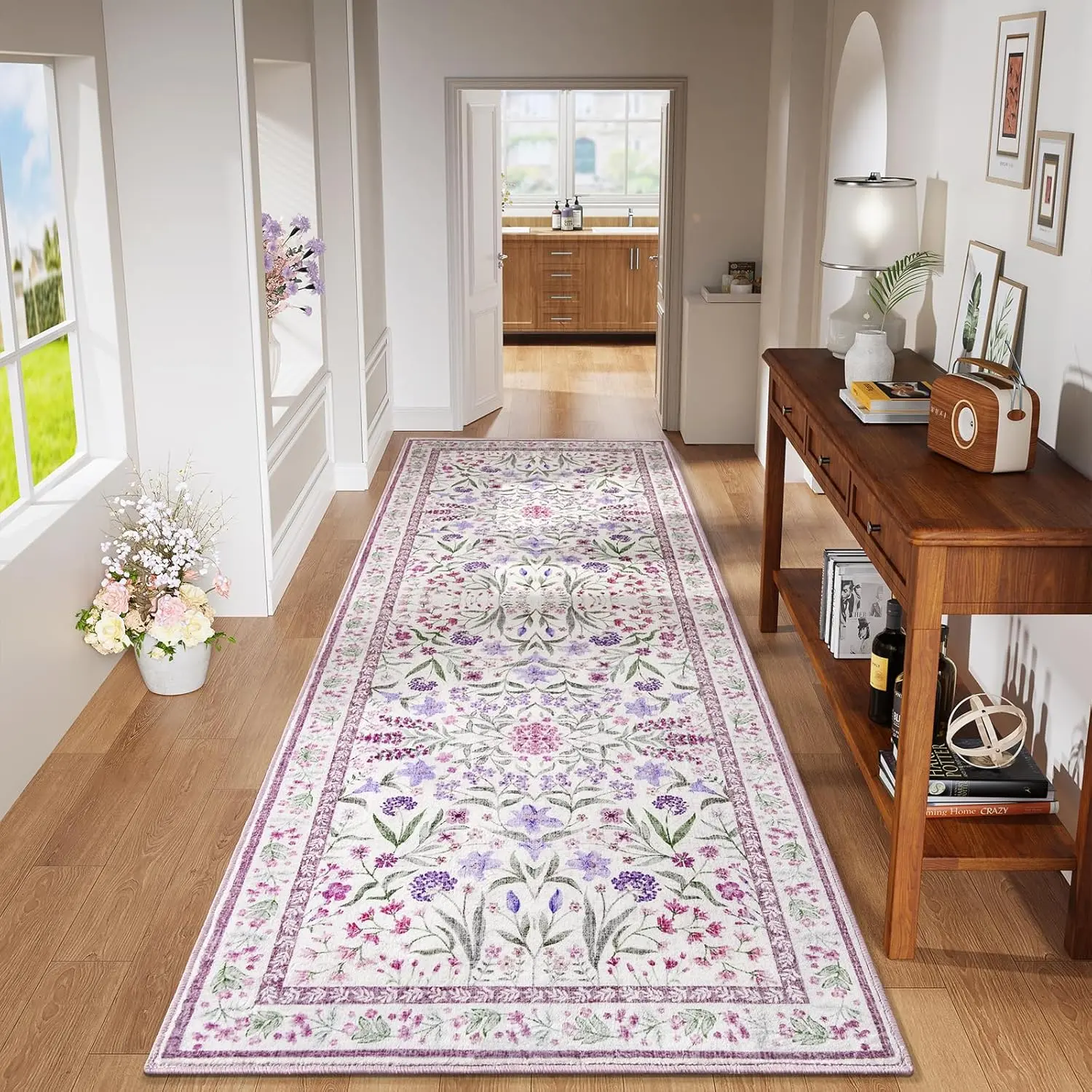 Purple Runner Rugs for Hallway, 2x6  Area Rugs for Bedroom Girls, Washable Floral Collection Bedside Rugs Low Pile Print Carpet,  Room Entrance Kitchen Living Room Decor