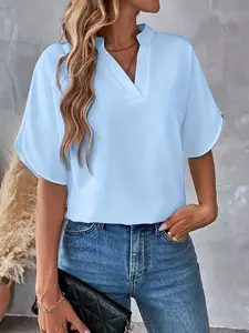 Solid Color Notch Neck Blouse, Casual Short Split Sleeve Blouse For Spring & Summer, Women's Clothing