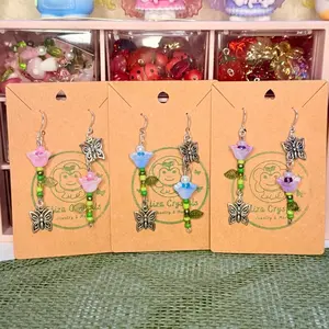 Handmade Fairycore Whimsical Flower Dangle Earrings with Butterfly Charm, Stainless Steel Hypoallergenic Fashion Earrings for Women, Female Unisex Style Available in Pink, Blue, Purple Flower Colors