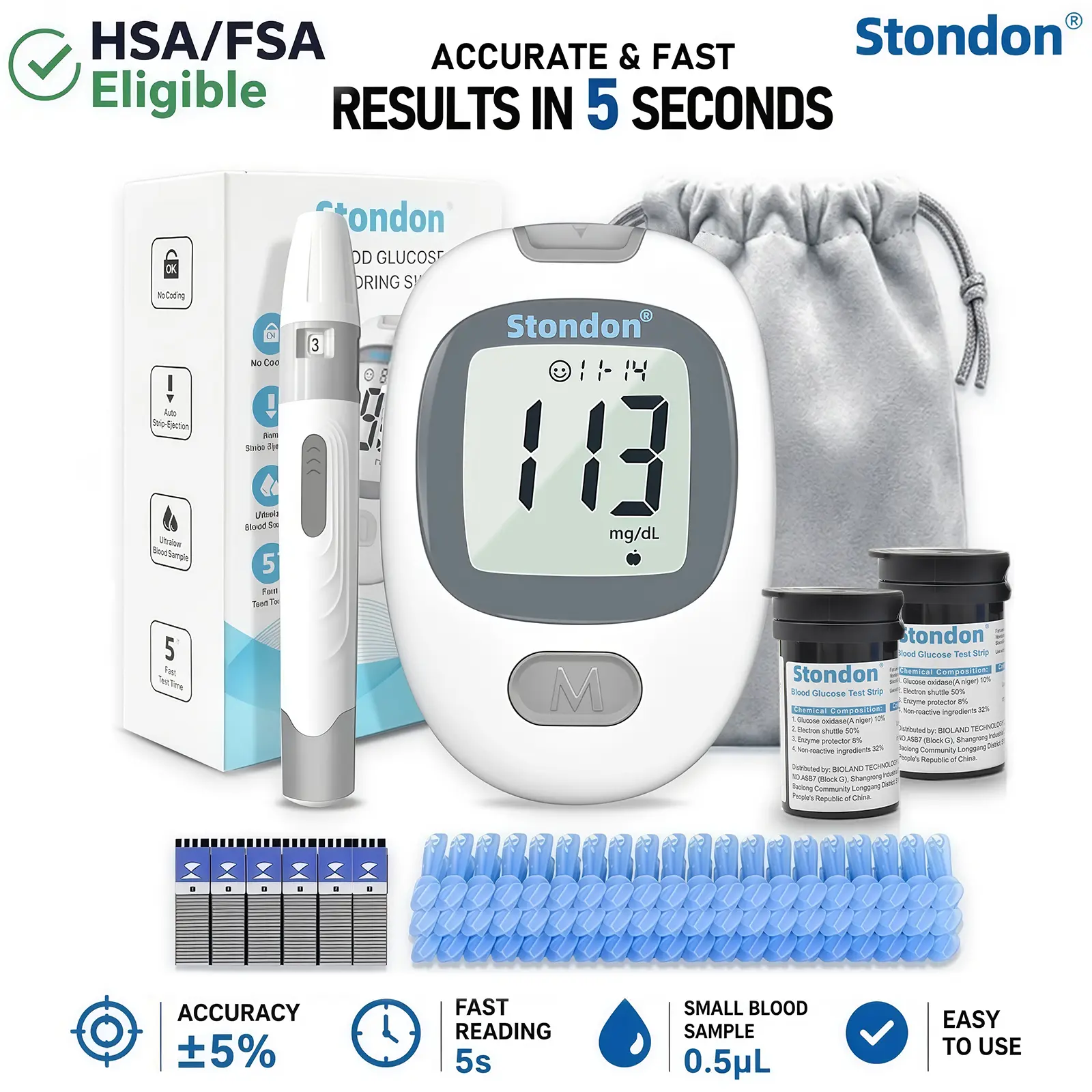 Stondon Accurate No-Coding Blood Glucose Monitor Kit - Portable Diabetes Testing Kit with 1 Glucometer, Lancing Device, Battery, 100/50 Strips, 100/50 Lancets, Small Blood Sample, Easy to Use, Home & Travel Essentials, Accurate Test