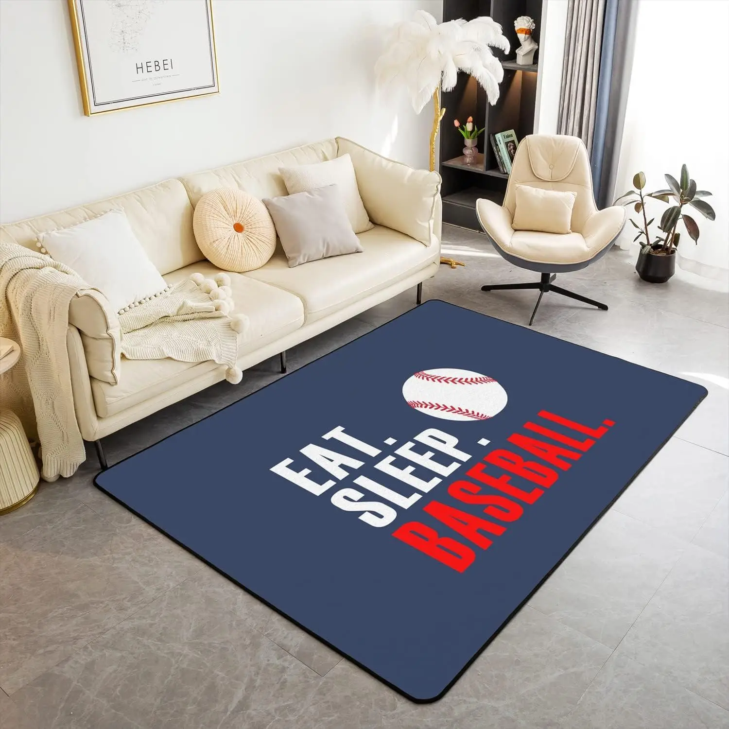 Baseball Area Rug 3'x5' 3D Ball Sports Living Room Rugs for Bedroom Boys Girls Women Men Blue Eat Sleep Baseball Decorative Carpet Ball Games Room Decor Indoor Floor Mats Bedroom