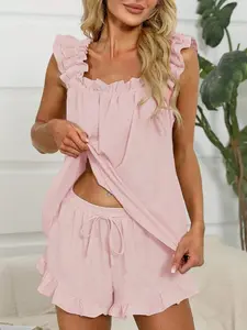 Womens Ruffle Pajama Set Cute Tank Top And Shorts Set Bride Pjs For Wedding Getting Ready Outfit