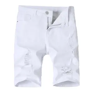 Men's Cotton White Distressed Ripped Denim Shorts, Y2K Streetwear Summer Casual Jean Shorts, Knee-Length Bottoms, High Street Fashion Staple