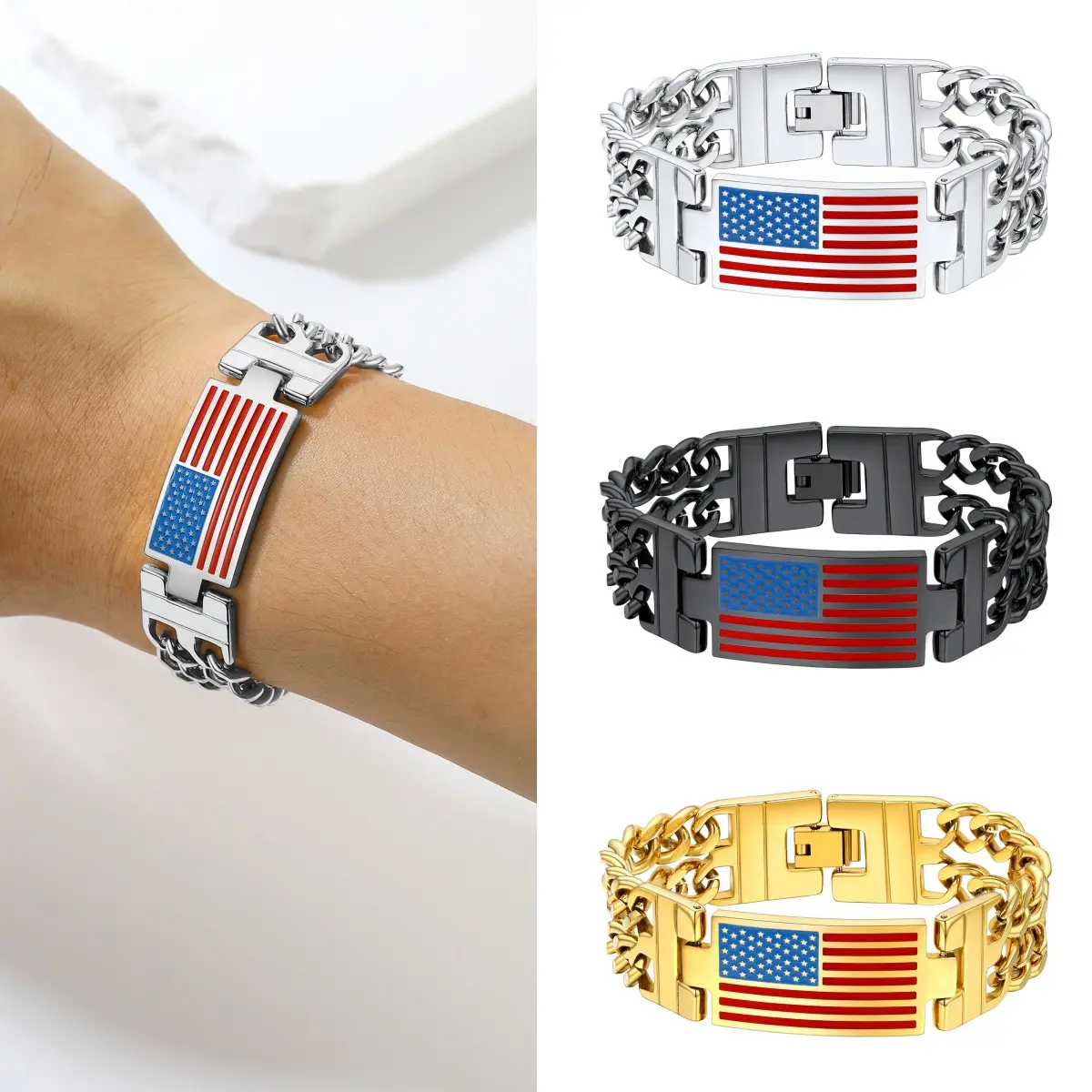 PROSTEEL 4th of July USA Bracelet Stainless Steel Cuban Link USA Patriotic Bracelet Hand Jewelry Unisex For Men Women Gift Box