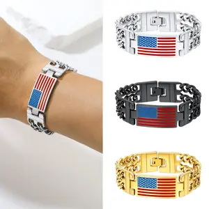 PROSTEEL 4th of July USA Bracelet Stainless Steel Cuban Link USA Patriotic Bracelet Hand Jewelry Unisex For Men Women Gift Box