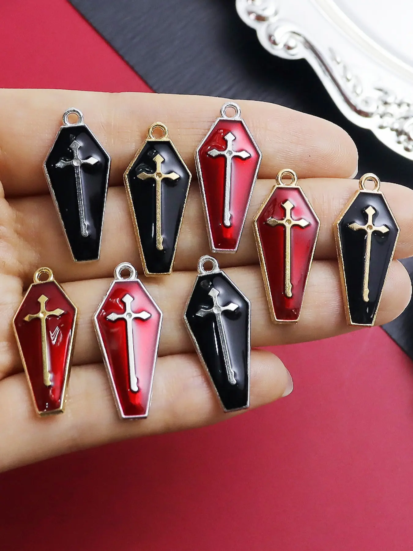 10pcs Halloween Enamel Vampire Cross Coffin Pendants, 26x11mm Necklace Keychain DIY Gothic Cross Design Mystery Jewelry Decoration Making Accessories