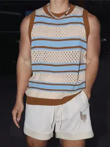Ideal for pool & beach vacations,Men's Summer Tropical Trendy Knit Sleeveless Vest Apparel, Tank Vest, Striped Design, Soft Breathable Fabric, Casual Fitted Style, Perfect for Daily Wear