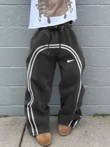 Men's Casual Sporty Long Pants, Zipper Design, Striped Pattern, Drawstring Wide Leg, Loose-Fitting, All Seasons Wear, Drawstring Waist Sweatpants