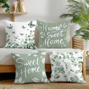4pcs Set, Single-Sided Printed Pillowcases, Green Eucalyptus Leaves Sweet Home Pillowcases, 15.75x15.75in/17.71x17.71in/19.68x19.68in, Home Decor Pillowcases Bedding Accessories Suitable for Living Room Sofa Bedroom, Pillow Inserts Not Included
