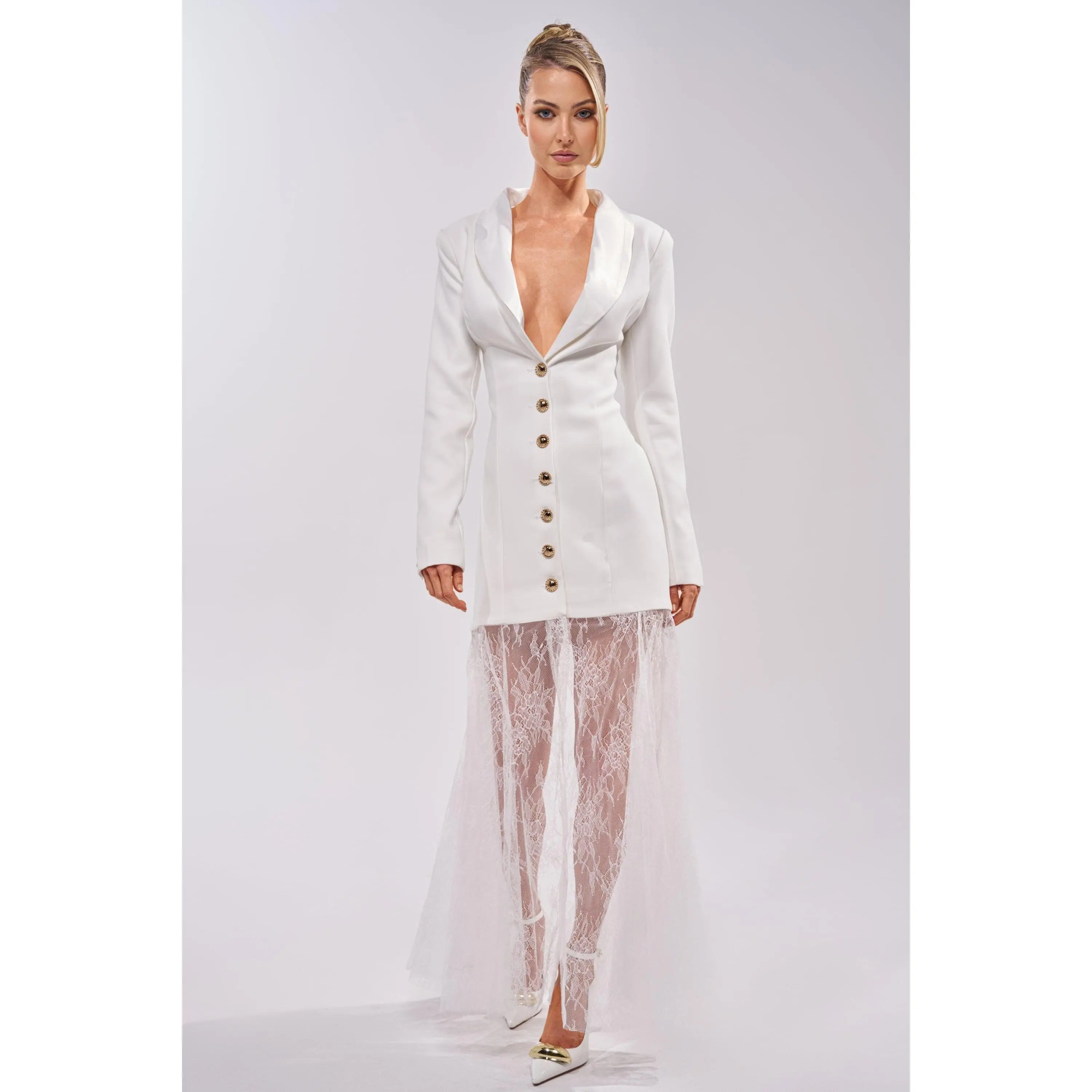 OK BOSS LADY BLAZER MAXI DRESS IN WHITE