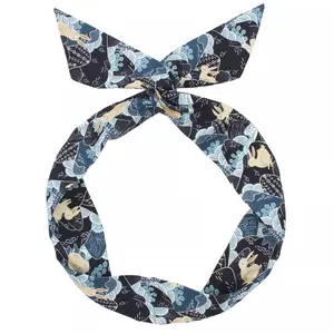 JuneStudioDesign Extra Long Wide Wired Cotton Pattern Headband|Tie Knot|Twisted|Fabric|Dolly Bow|Turban|Hair Bun|Ponytail Scarf|Braid Scarf|Hair Wrap|Vintage|Art Retro|Rabbit