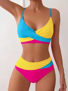 Color Block Twist Front High Waisted Two Piece Bikini Set | Adjustable Strap Swimsuit for Women