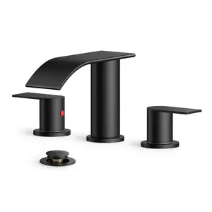 FORIOUS Waterfall Bathroom Faucet with Metal Pop up Drain Stopper 2 Handle 3 Hole Widespread Bathroom Sink Faucet Water Tap with Supply Pipes