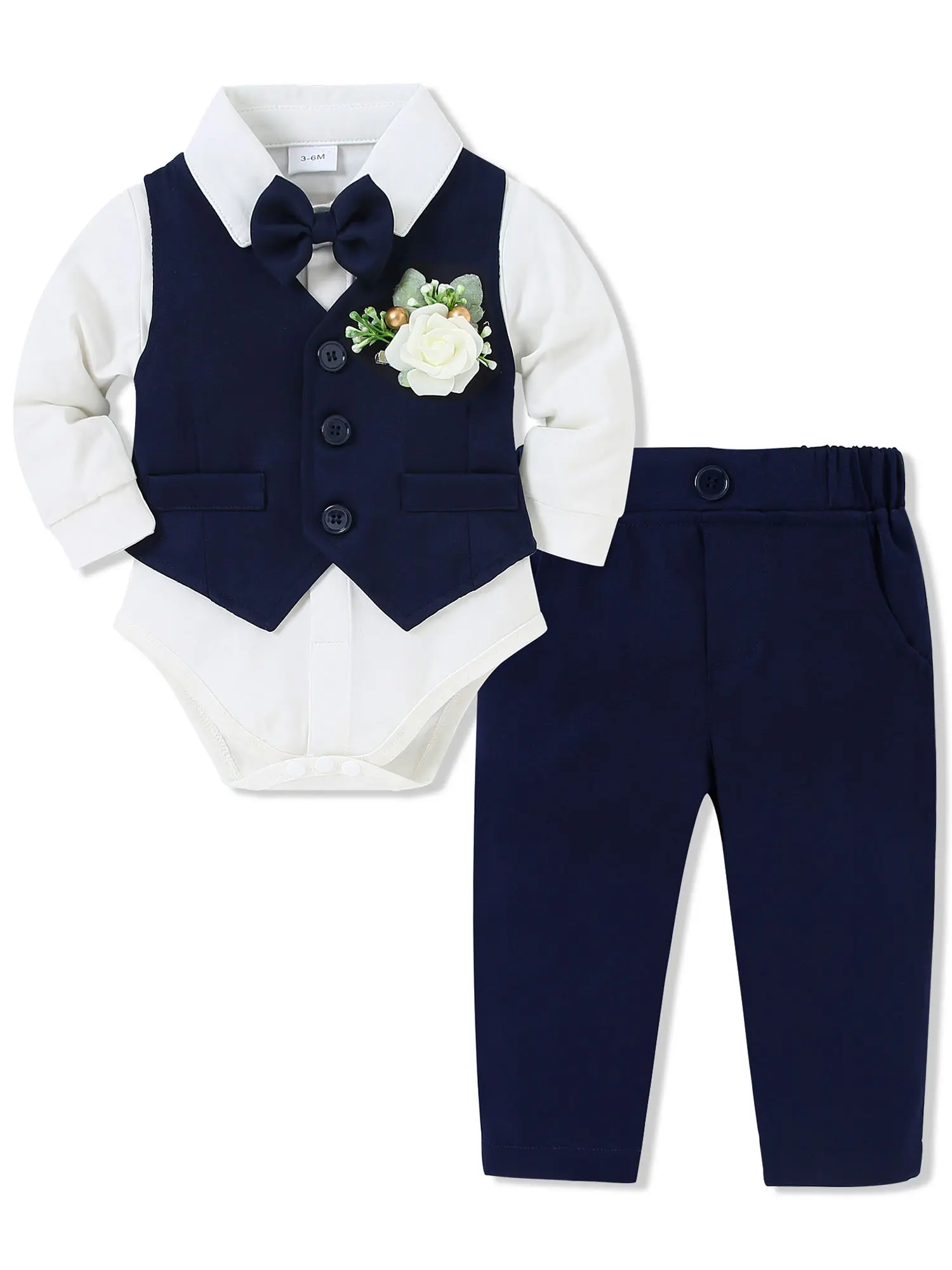 Toddler Tuxedo Suit Set, 5-Piece Formal Cotton Baby Boy Outfit with Vest & Detachable Bow Tie for Baptism, Wedding, Cotton Fabric, Straight Pants, Basic, Costume Set, Solid Colors, Removable Tie, All Season, Clothes Kids, Outfits Set
