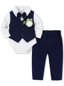 Baby Boy Clothes Suits Infant Gentleman Outfit Collared Dress Shirt+Vest+Tie+Corsage+Pants 5Pcs Baby Suit Sets
