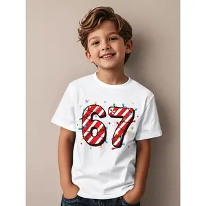 67th Birthday & Christmas T-Shirt - 67th Candy Cane Heart Design with 67th Birthday Memes, Gen Alpha Slang, Short Sleeve Crew Neck Casual Top for