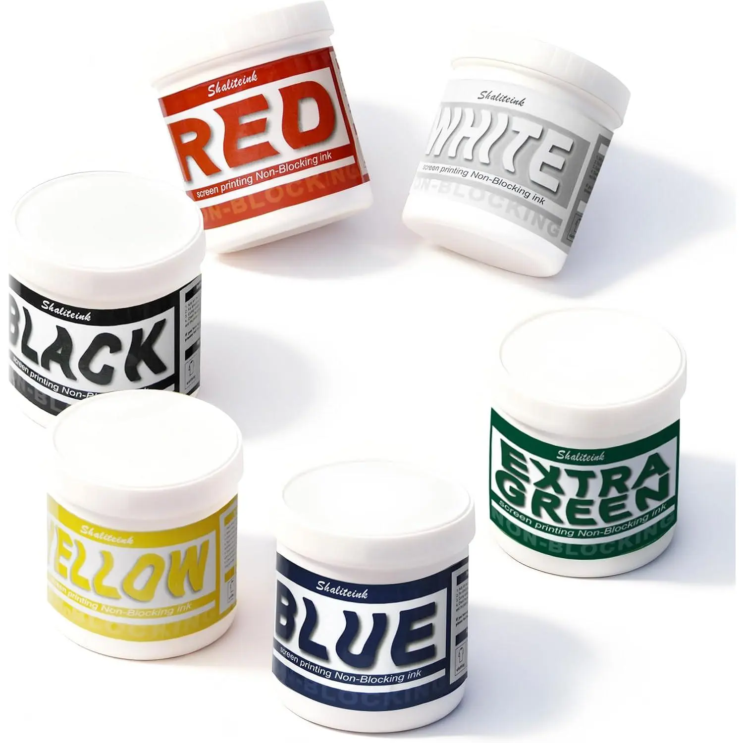 ShaliteinkScreen Printing Ink Set(PVC Free) - 6-Colors(10oz), Non-Blocking Printing Plastisol Ink for Cotton, Screen Printing Supplies for Polyester and Other Fabrics