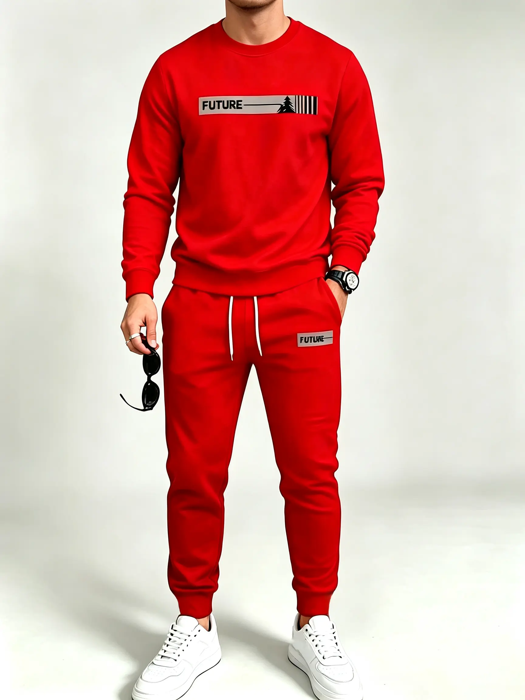 men's 2 piece sets Round neck long sleeved top paired with drawstring sports pants, comfortable casual suit