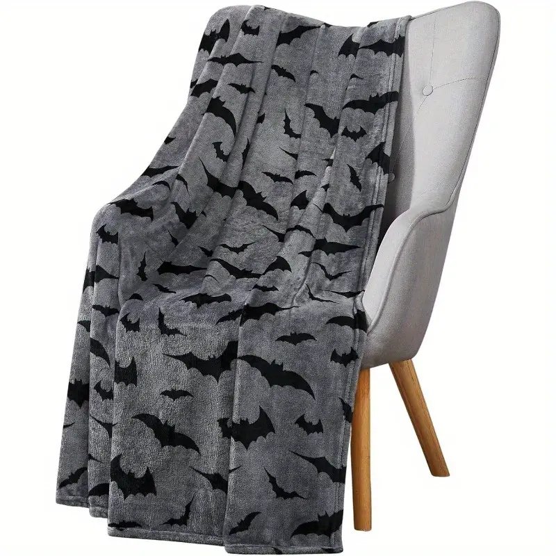 Spooky Halloween Retro Vintage Bat Print Blanket - Black Bats on Gray Flannel, 70x50in Extra-Large 280GSM Anti-Pilling Soft Machine-Washable Cozy Fall Decor for Sofa, Bed, Bat Print Blankets