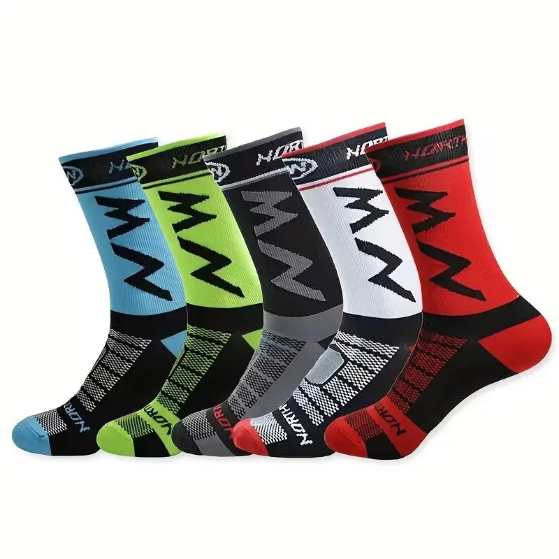 5 Pairs-Multi-Color Elite Performance Crew Sports Socks, Breathable Mesh Design, Cushioned Sole for Basketball, Running