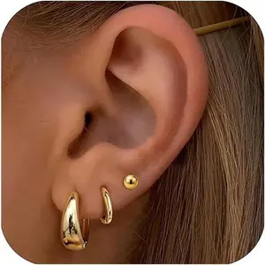 Earring Stack for Women, 3 Pairs 14K  Plated Small Huggie Hoop & CZ Stud Earrings Set,  Dainty Earrings for Multiple Piercings, Second Hole Cartilage Earrings