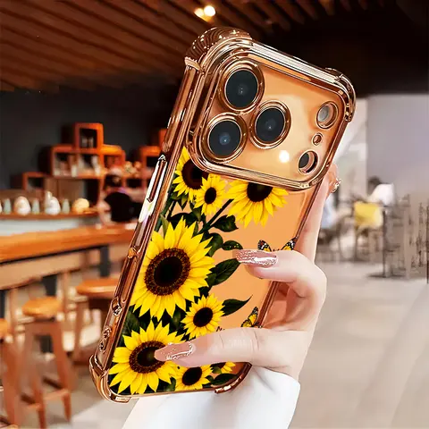 Sunflowers Silicone Smartphone Case - Electroplating Border, Anti-Fall Safety Cushion, 2D Printing, 4-Corner Thickened, Handheld Device Protection for iPhone 17 Air, 16, 15, 14, 13, 12, 11 Pro Max Plus