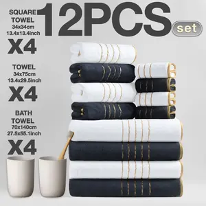 12-Piece Gold-Edged Bath Towels Set, Quick-Dry Absorbent Microfiber, Modern Simple Bathroom Accessories, Multipurpose Reusable Towels, Quick Drying Towel, Suitable for Home Camping Hotel School Factory