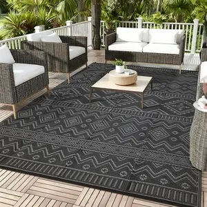 Waterproof Outdoor Area Rug -  Black and gray Geometric Patio Carpet, UV Resistant, Easy Clean, Garden Deck Mat, Lightweight & Durable, USA Specification