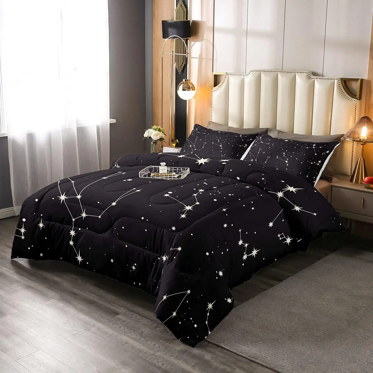 Super Soft Microfiber Star Motif Duvet Set - Luxury 3D Constellation Galaxy Print Outer Space Starry Sky Bedding, Black White Milky Way Design with Duvet Cover, Star Motif Duvets