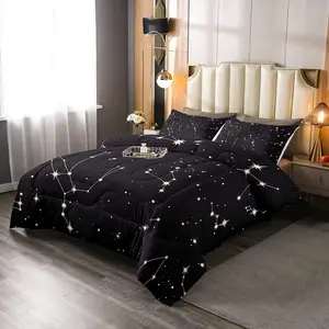 Galaxy Comforter,Outer Space Starry Sky Designer Comforter Set,Constellationkle Stars Luxury Bedding Set,Super Soft Black White Milky Way Bed Set