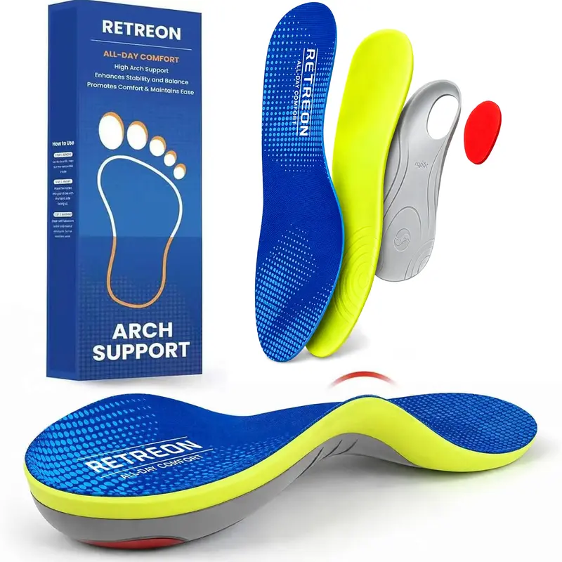RETREON High Arch Support Comfy Insoles - Trim-to-Fit Athletic Shoe Accessory with PU Cushion Foam, Shock Absorption, Joint Support, Heel Liners for Plantar Fasciitis Relief, Bushcrafting