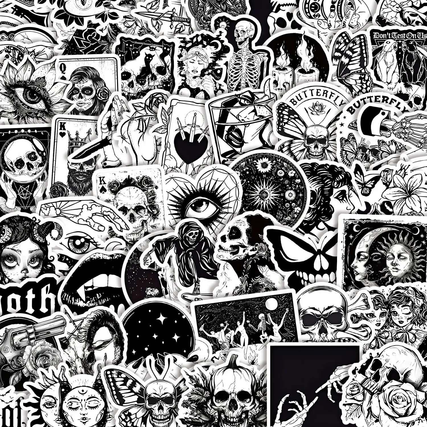 60pcs Gothic Black & White Stickers Pack, Sticker Set, Waterproof Dark Occult Vintage Skull & Witchy Decals for Laptop, Water Bottle, Journal & Scrapbook, Stickers For Scrapbooking, Dark Style Lover Gift, Sticker Sheets, Graphic Decal