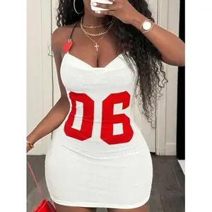 Sports mesh bodycon mini dress — school team number print, 06, spaghetti straps, racing style, suitable for casual streetwear