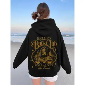 Women'S Polyester Hooded Sweatshirt, Casual Knit Fabric Pullover, with Belle'S Book Club Graphic Print, for Fall & Winter