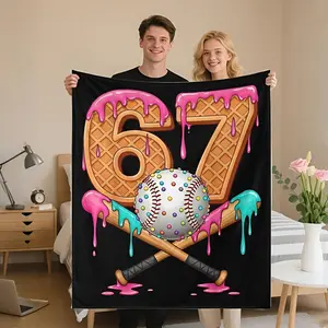 1 Extra Large 50"x60" Funny 67 Meme Baseball and 67 Number Design Flannel Blanket - Soft Lightweight All-Season Throw with Pink Drip 67 Number and Baseball Bat Pattern, Suitable for Bed, Sofa, Travel - Pink Cozy Gift, Contemporary Style, Playful
