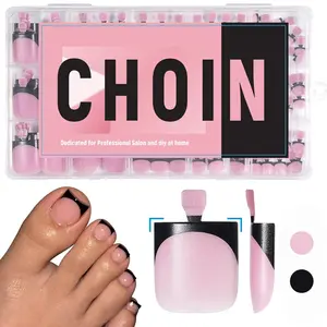 Black French Tips Toe Press On Nails, 150pcs Square Pre-Designed Soft Gel Thick False Toenail Extension, Berry Pink Full Cover Acrylic for DIY 15 Sizes