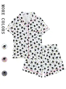 Spirited Away Coal Ball Elf Pajama Set, Cute Cartoon Lapel Short Sleeve Sleepwear Loungewear, Comfortable Party & Vacation Wear, Ideal Gift