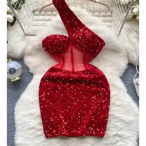 Autumn Bodycon Sexy Dress 2025 New Fashion Mesh Sequins Design Diagonal Collar Sleeveless Women Transparent Midi Dress Casual Womenswear Formal Basic