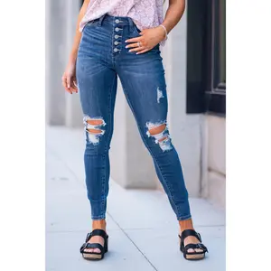 Judy Blue High Waist Button Fly Distressed Skinny ripped Jean 88477 (11 thru 20W) Stretchy Denim Comfy Womenswear Bottom Cuffed Style