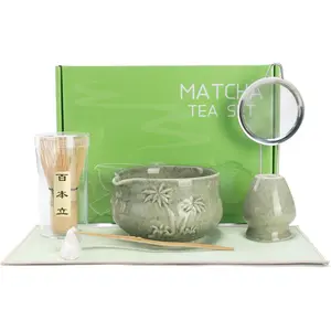 Matcha Whisk Set, Ceramic Matcha Kit Set Includes Matcha Bowl, Matcha Whisk and Holder,  Scoop, Scoop Rest, Sifter and  Towel - 7 count Matcha Kit for Matcha Lovers (Matcha Green Coconut Tree)