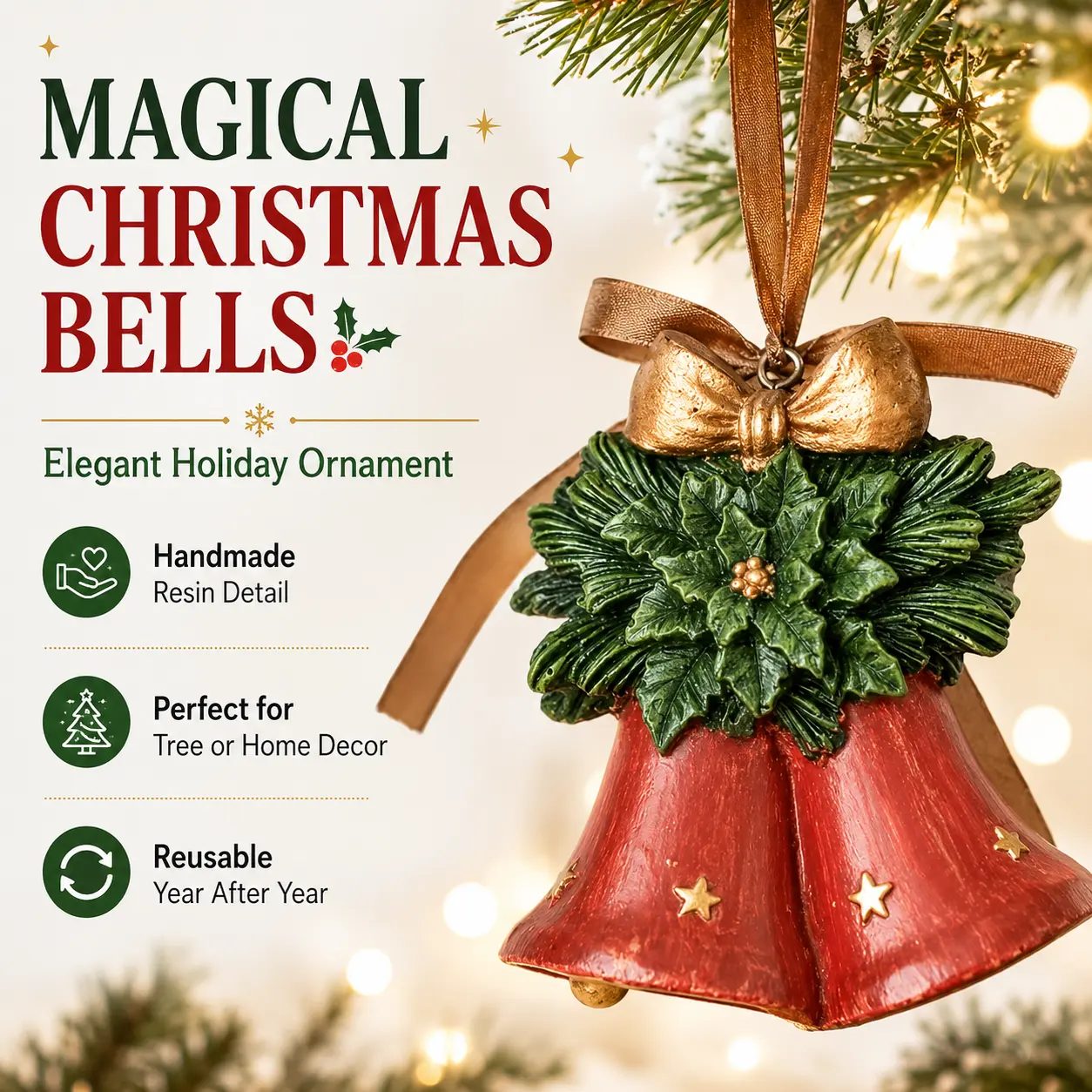 Nostalgic Christmas Double Bells - Handmade, Mildew-Proof, Alcohol-Free Tree Decoration for Home Holiday Decor