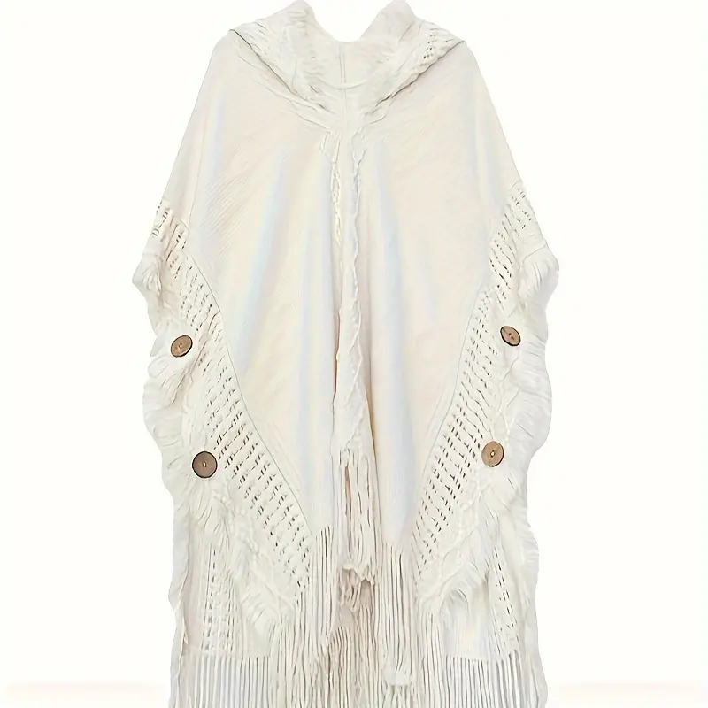 Bohemian Style Fringed Poncho Cape, Women's Knitted Sweater with Hood, Casual Pullover Shawl for Spring/Autumn Travel, One Size - White