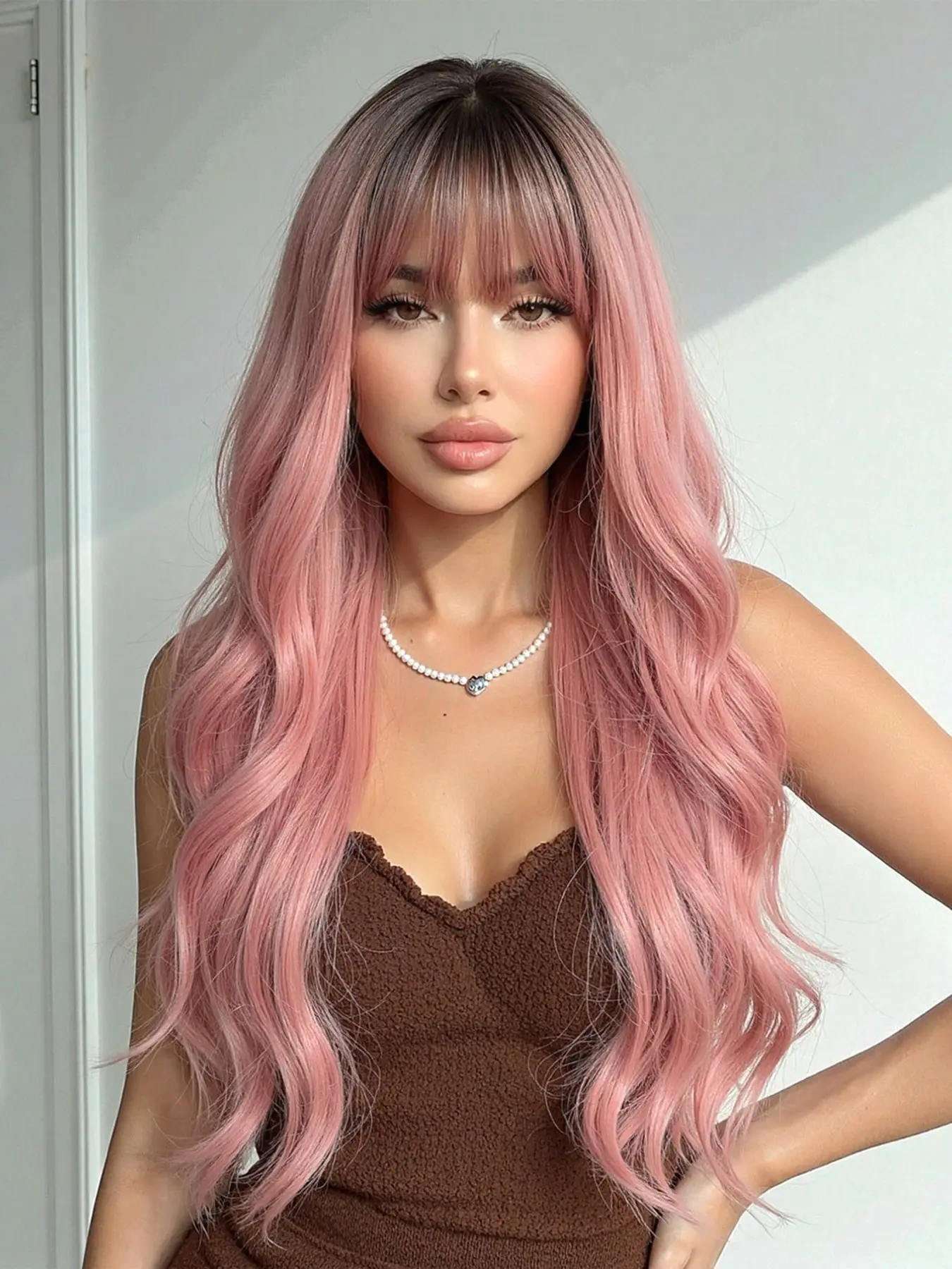 Long Wavy Synthetic Natural Looking Wig for Women with Bangs, Luxurious Fluffy Full Mechanic Hairpiece, Perfect for Parties and Daily Use, Synthetic Wigs