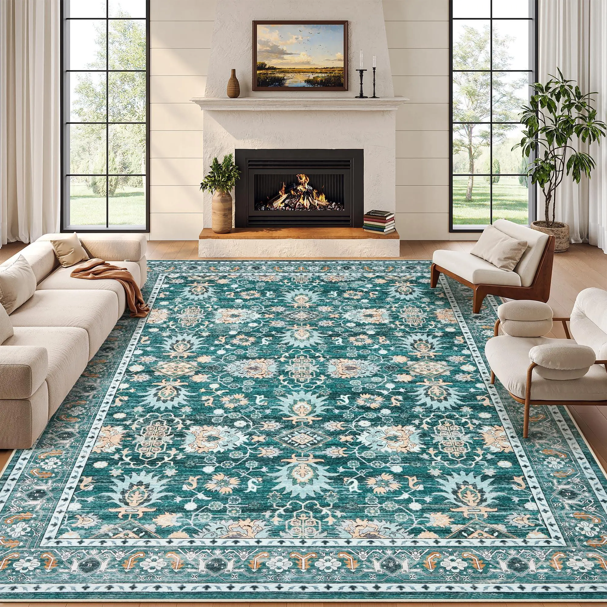 5x7 Area Rug for Living Room, Washable Vintage Soft Rug, Green | Non-Slip Low-Pile Printed Carpet for Entryway, Kitchen, Bedroom green