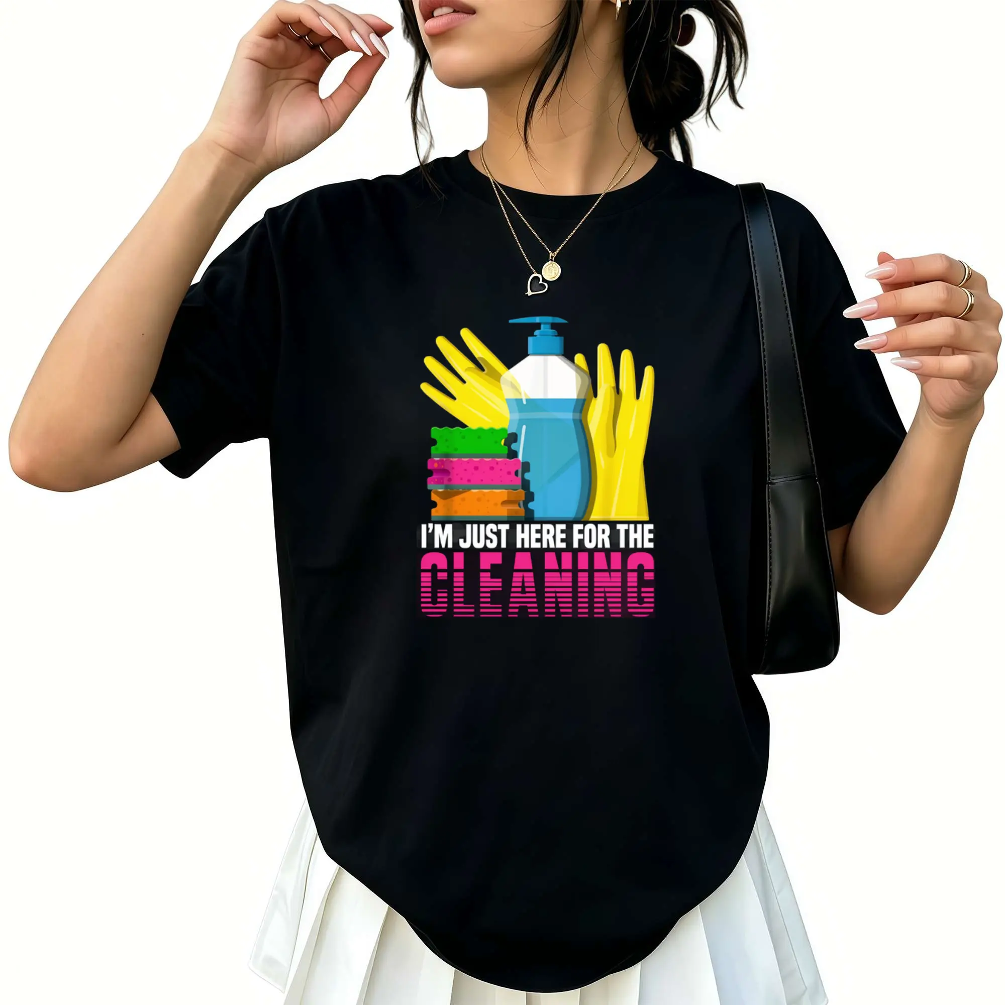 Housekeeper I'm Just Here for The Cleaning Cleaning Lady T-Shirt | Same style for women, 2026 summer short-sleeved printed T-shirt, Vintage, Crew Neck, Pullover, Slight Stretch Fabric, Regular Fit, Drawing Pattern