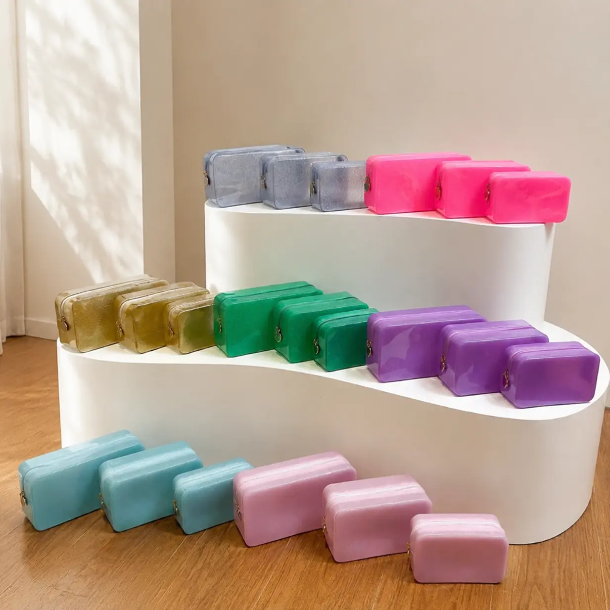 Glitter Waterproof Makeup Organizer Bag Set (Large/Medium/Small), Jelly Cosmetic Case, Travel Toiletry Pouch for Women, Portable Storage Bag for Makeup, Skincare and Accessories