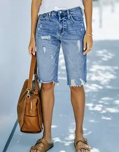 Womenswear Women's Mid-Rise Ripped Stretch Denim Bermuda Shorts with Frayed Raw Hem