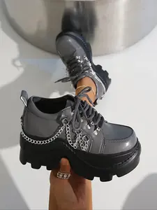 Women's Fashion Lace-Up Front Chunky Heel Platform Shoes, Casual Comfortable Thick Sole Design, Perfect for Daily Wear and Stylish Look, Footwear