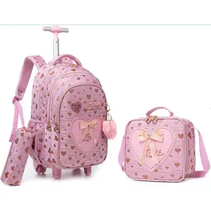Chic Pink Gold Heart 3-in-1 Rolling Backpack Set for Girls – Child Sized, Girl-Themed Graphic, Multi-Functional, School Style Backpack + Lunch Bag + Pencil Pouch, Elegant Back to School Essentials, Child Sized Backpacks, Girl-Themed Graphic Backpacks