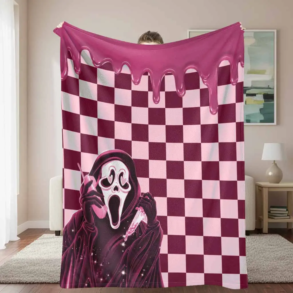Pink Ghost Mask Flannel Blanket Aesthetic Checkered Pattern Prints Ultra Soft Lightweight Warm Cozy Texture Perfect For Bedroom Living Room Home Sofa Decor Couch Throw Gift Choice